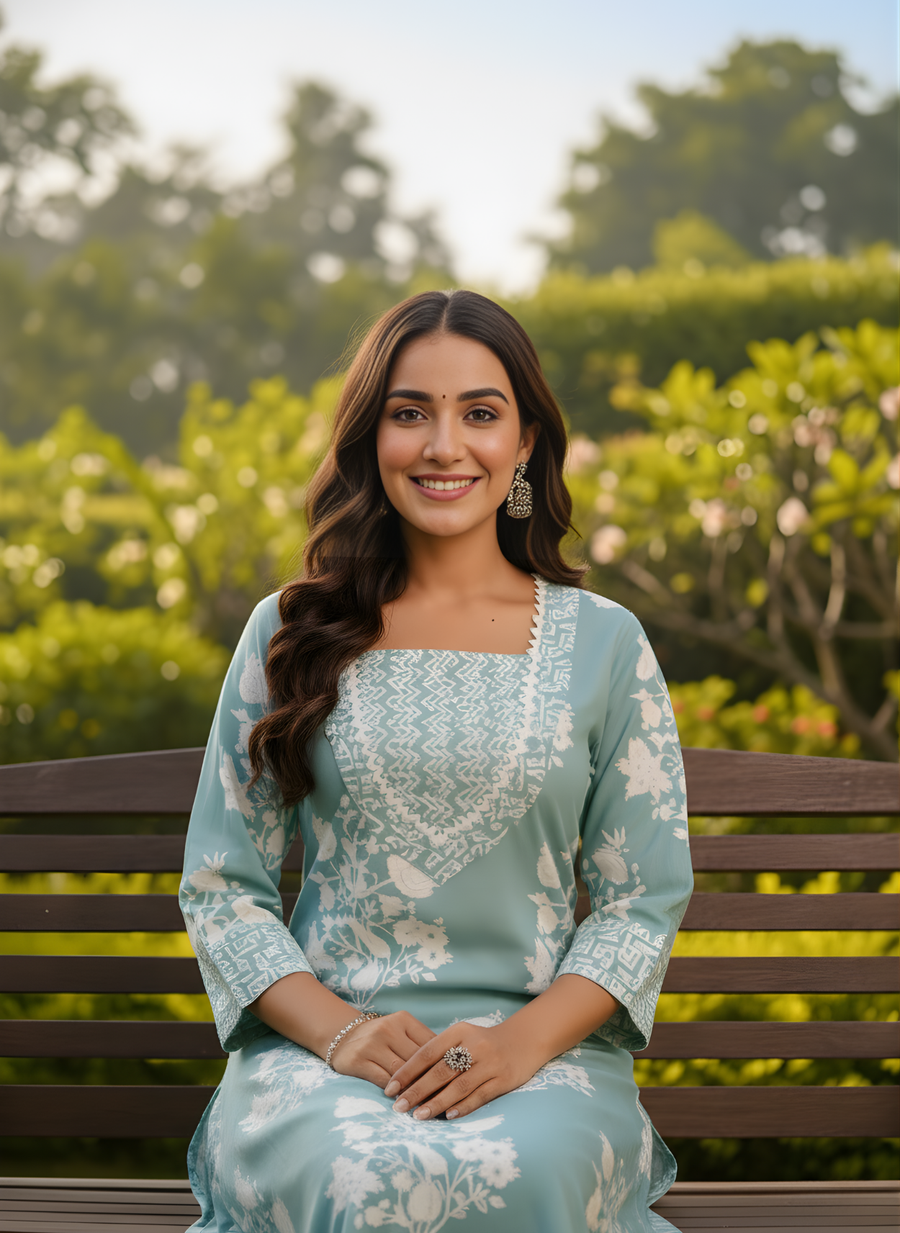 Sea Green Printed Cotton Kurta Pant Set for Women – Aaronee Pure Cotton Collection