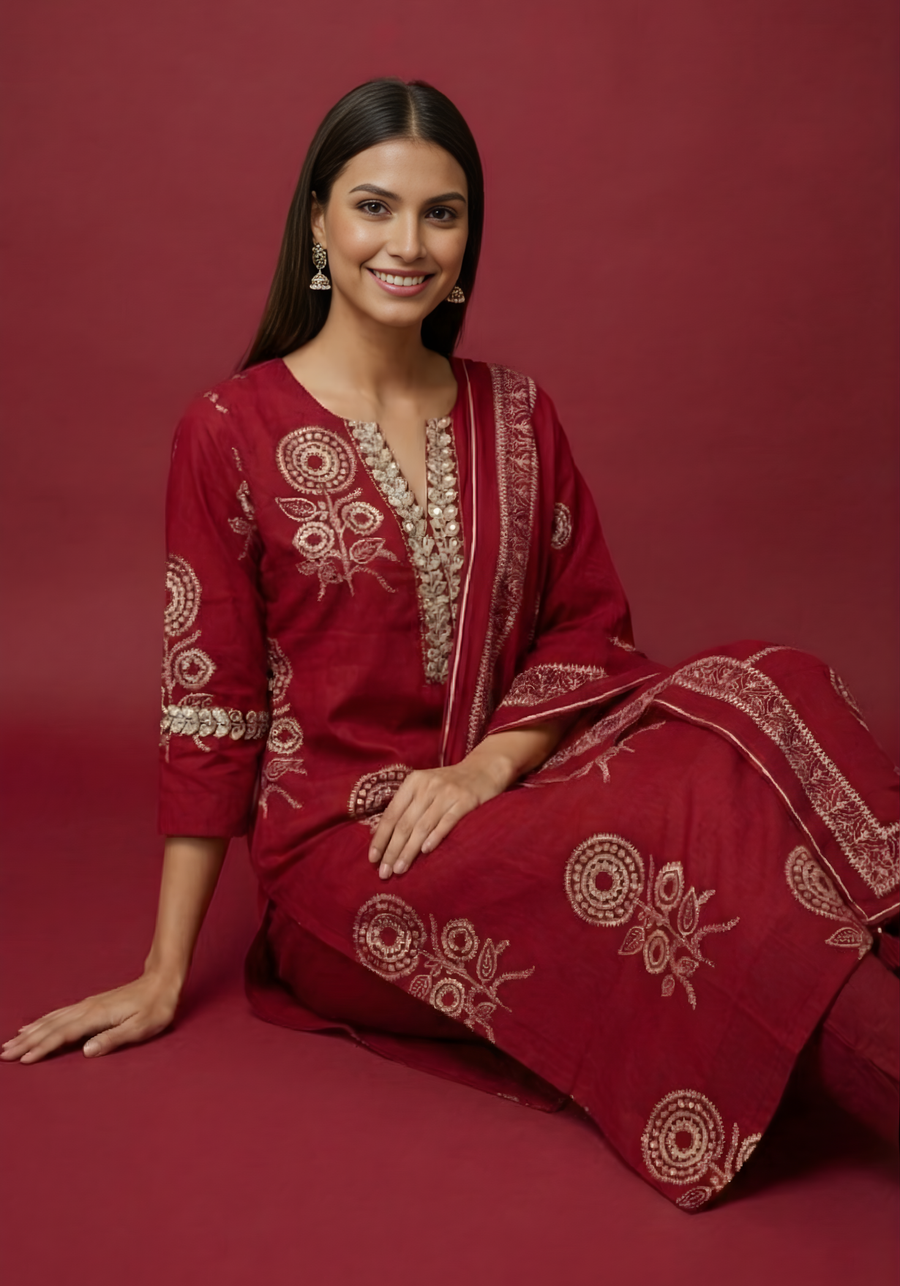 Maroon Embroidered Pure Cotton Kurta DSet for Women – Aaroneeupatta