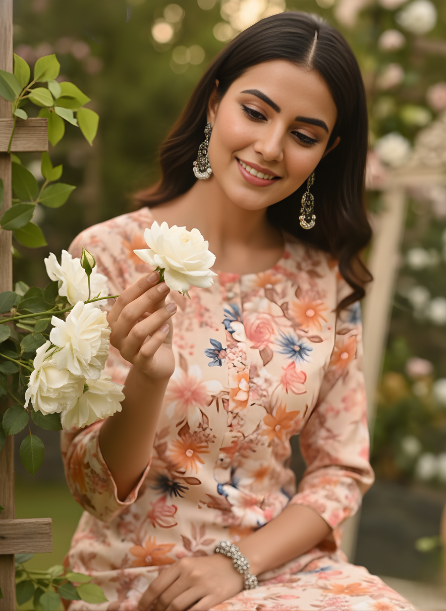 Orange Flower Print Kurta Set for Women
