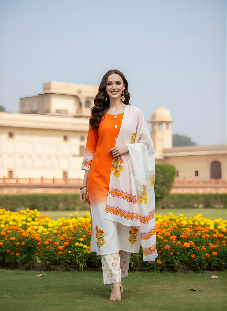 Aaronee Orange & White Pure Modal Silk Dupatta Set