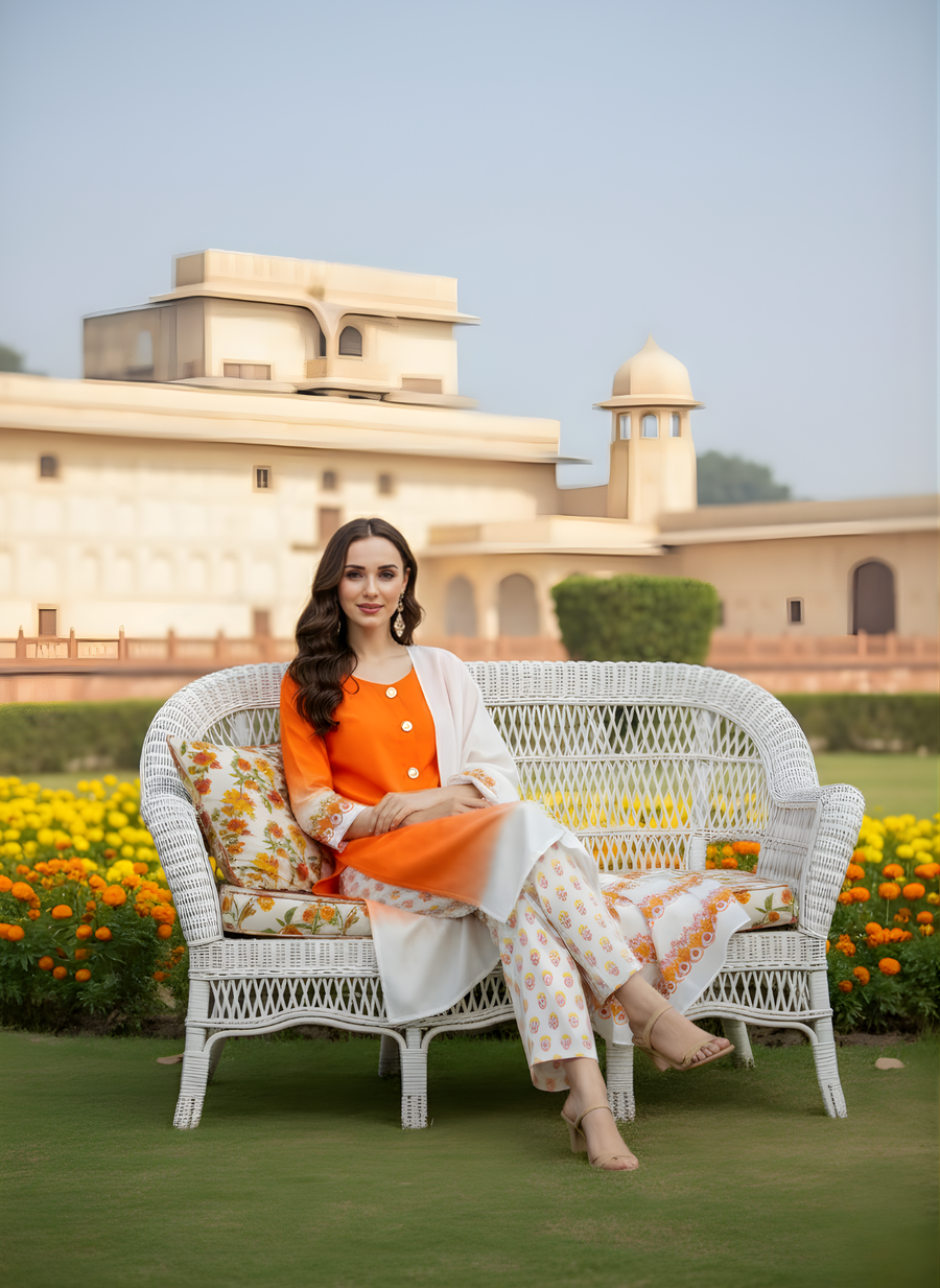 Orange Kurta with Printed Dupatta by Aaronee