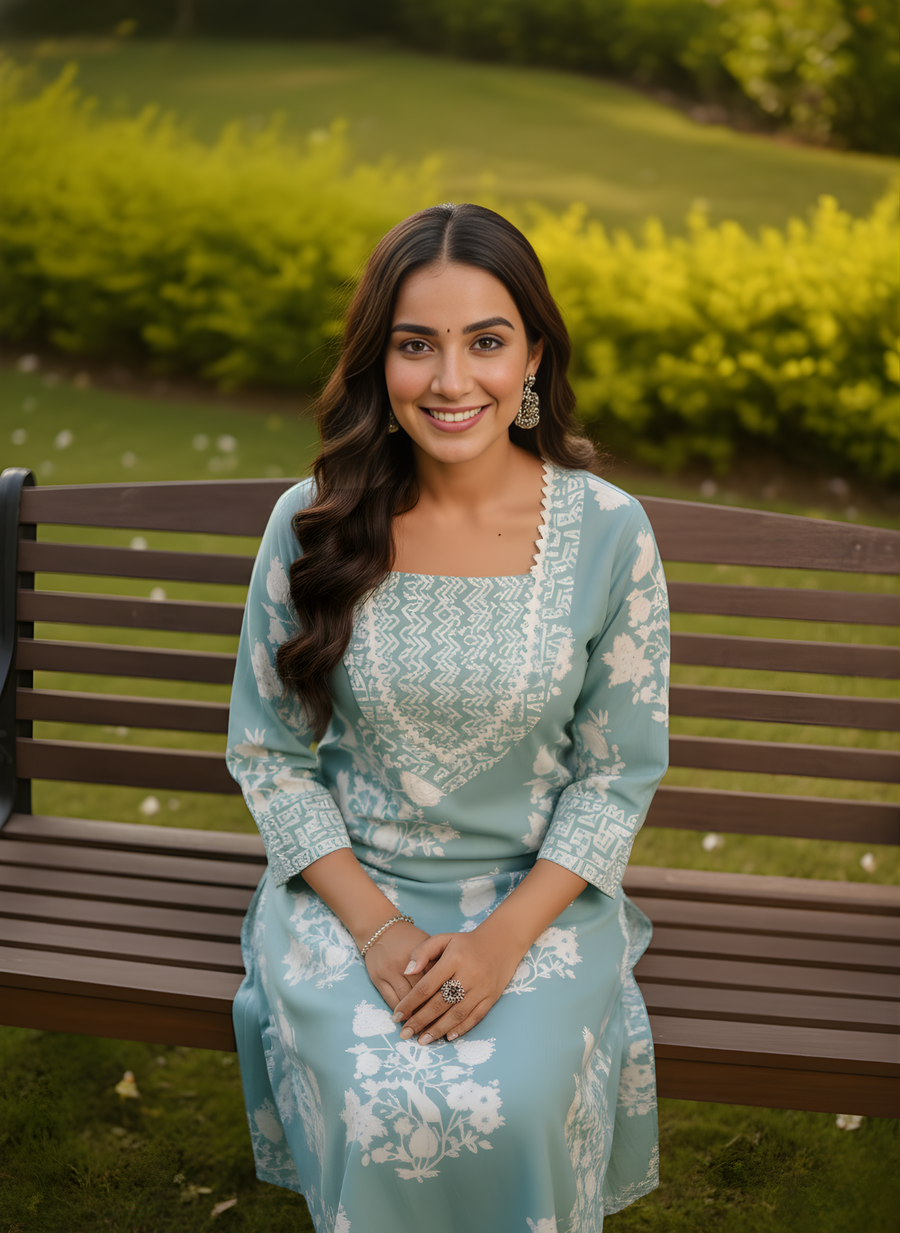 Sea Green Printed Cotton Kurta Pant Set for Women – Aaronee Pure Cotton Collection