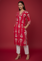 Red Pure Cotton Printed Kurti for Women | Elegant Everyday Ethnic Wear – Aaronee