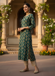 Aaronee Teal Green Pure Modal Chanderi Ethnic Printed Long Kurti for Women | Elegant Festive & Office Wear