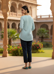 Aaronee Pure Cotton Sky Blue Printed Top for Women – Elegant Daily Wear