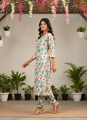 Green Flower Print Kurta Set for Women