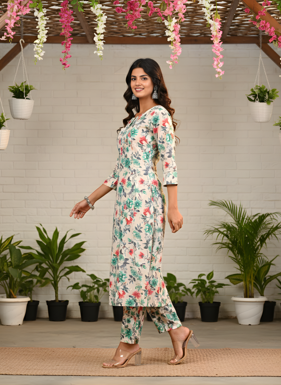 Green Flower Print Kurta Set for Women