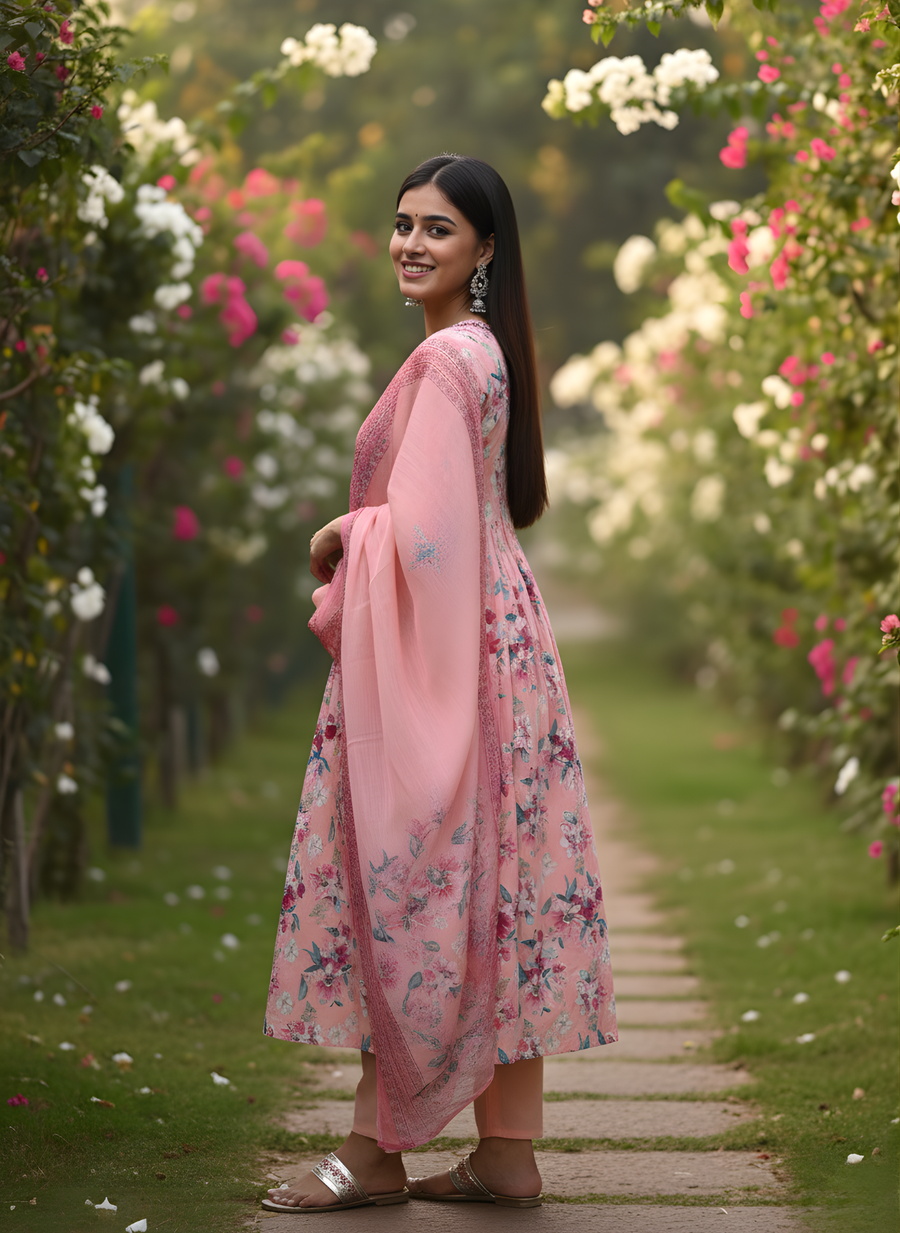 Elegant Floral Pink Kurta Set for Women with Dupatta