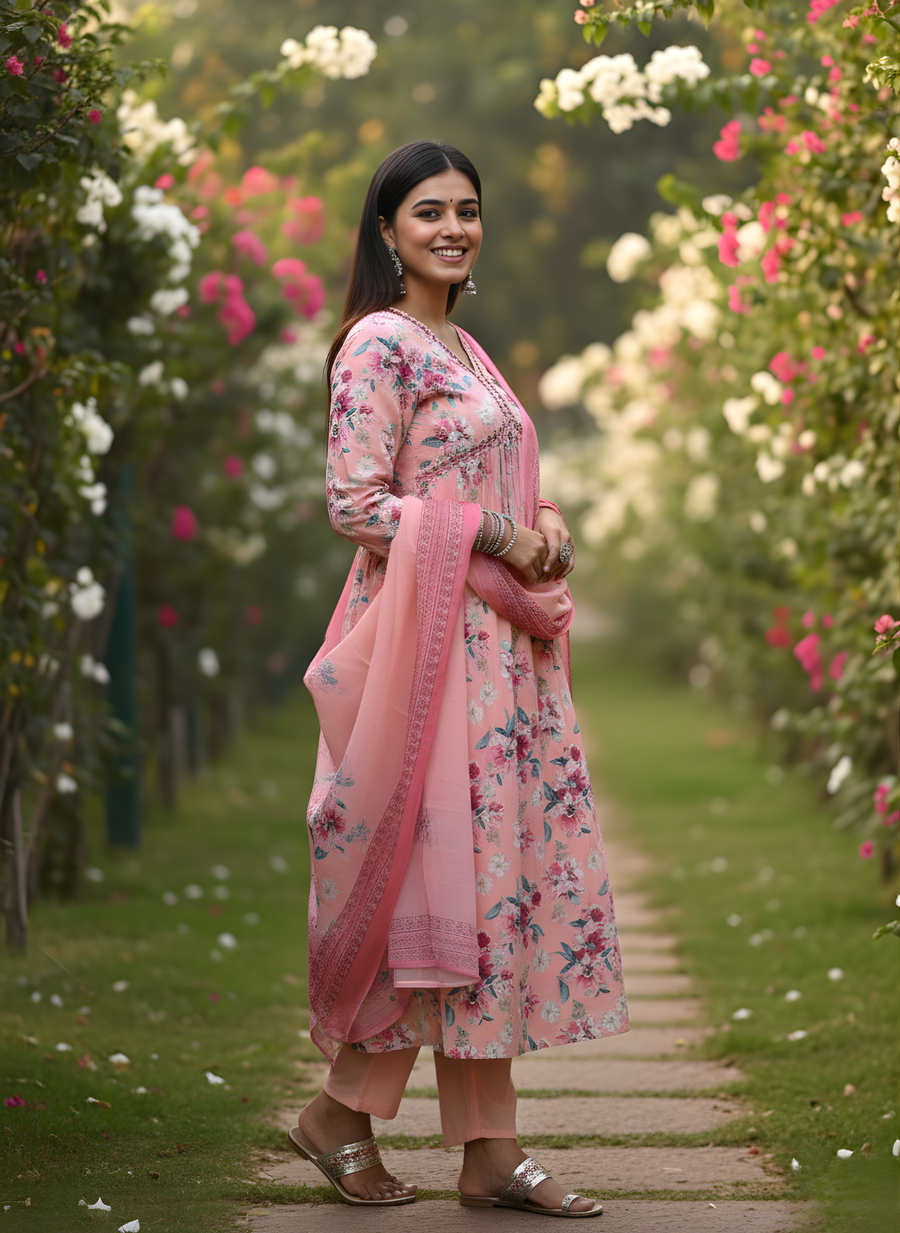 Elegant Floral Pink Kurta Set for Women with Dupatta