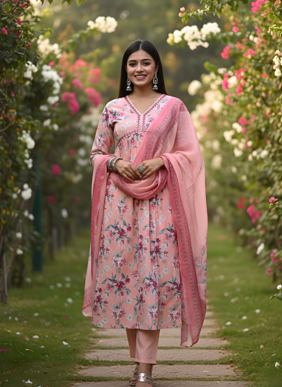 Elegant Floral Pink Kurta Set for Women with Dupatta