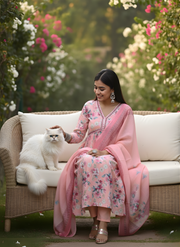 Elegant Floral Pink Kurta Set for Women with Dupatta