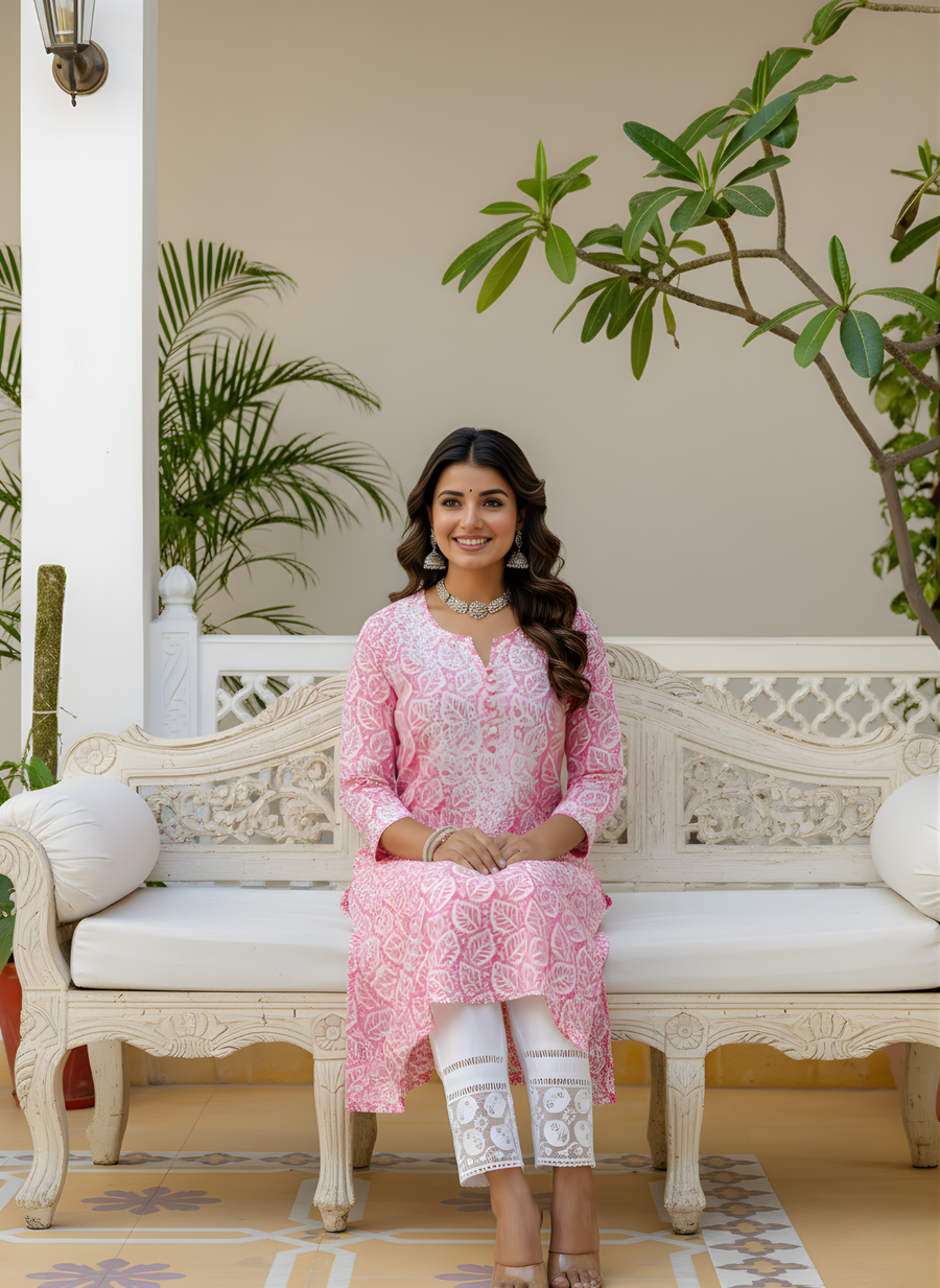 Jaipur Cotton Pink Kurta with White Pants – Aaronee