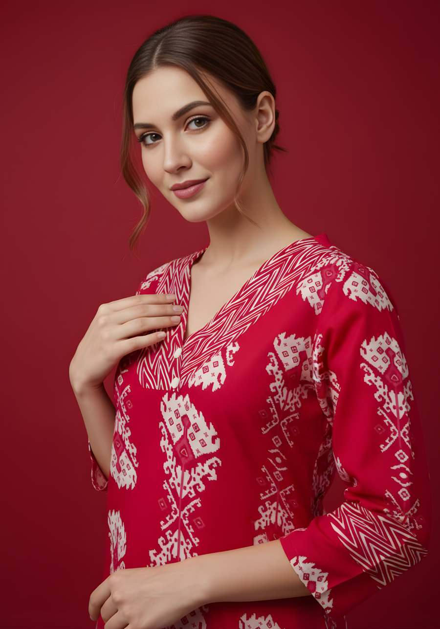 Red Pure Cotton Printed Kurti for Women | Elegant Everyday Ethnic Wear – Aaronee