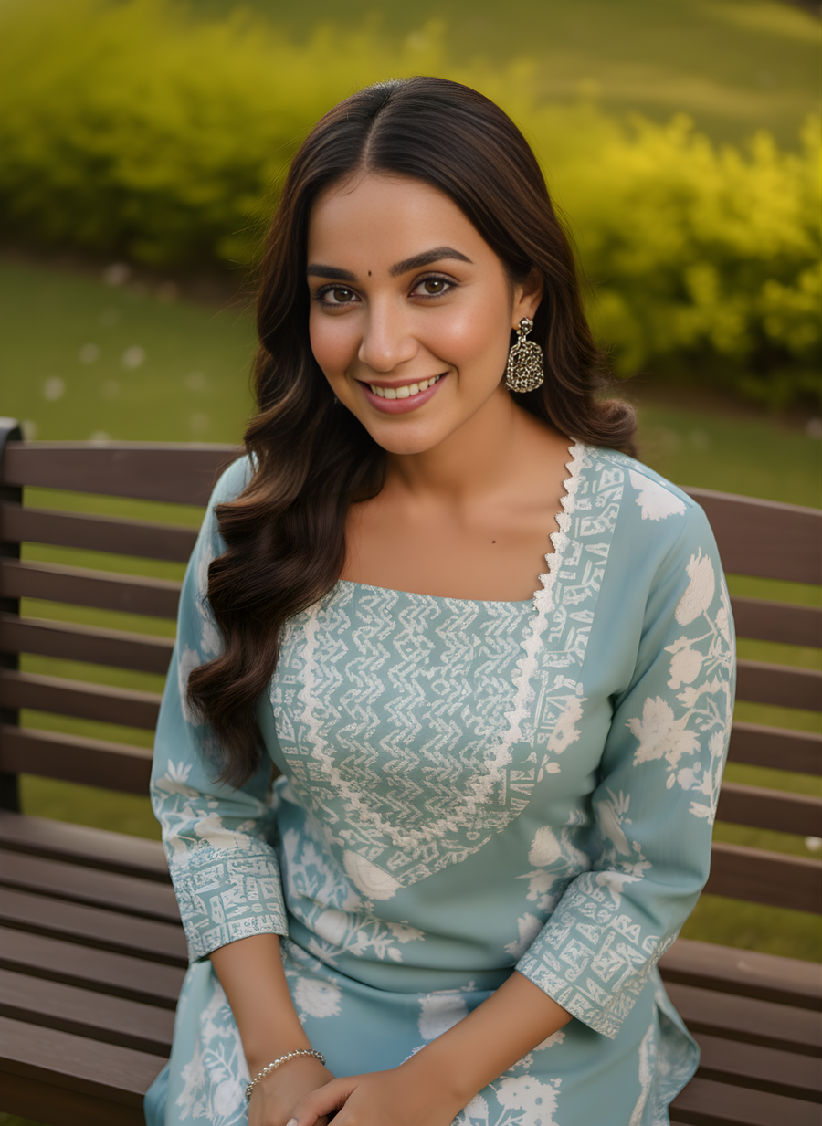 Sea Green Printed Cotton Kurta Pant Set for Women – Aaronee Pure Cotton Collection