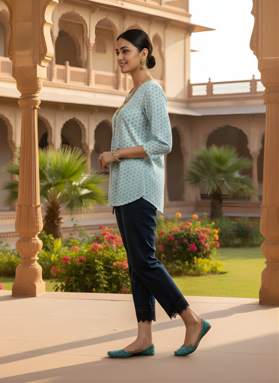 Aaronee Pure Cotton Sky Blue Printed Top for Women – Elegant Daily Wear