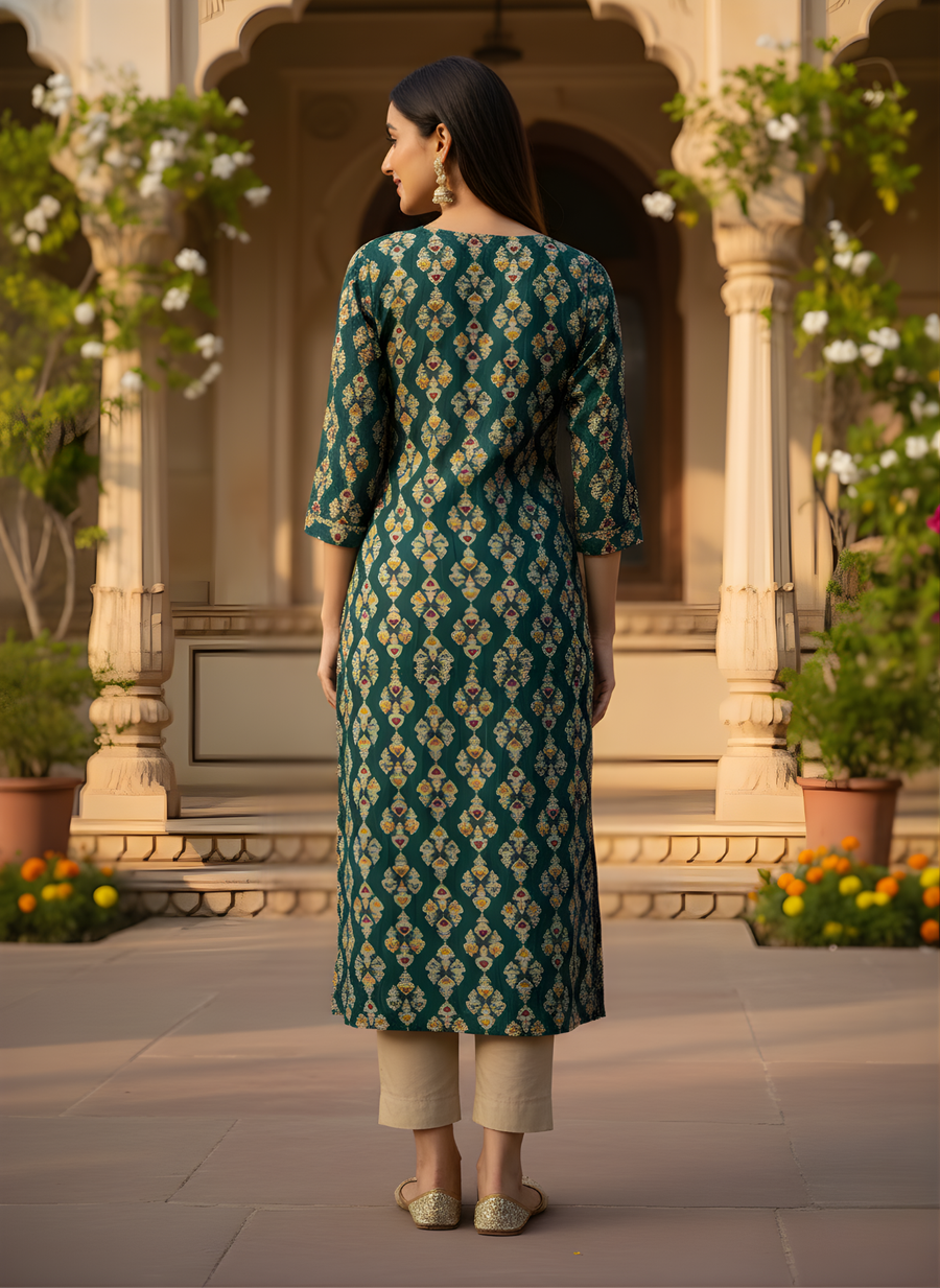 Aaronee Teal Green Pure Modal Chanderi Ethnic Printed Long Kurti for Women | Elegant Festive & Office Wear