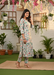 Green Flower Print Kurta Set for Women