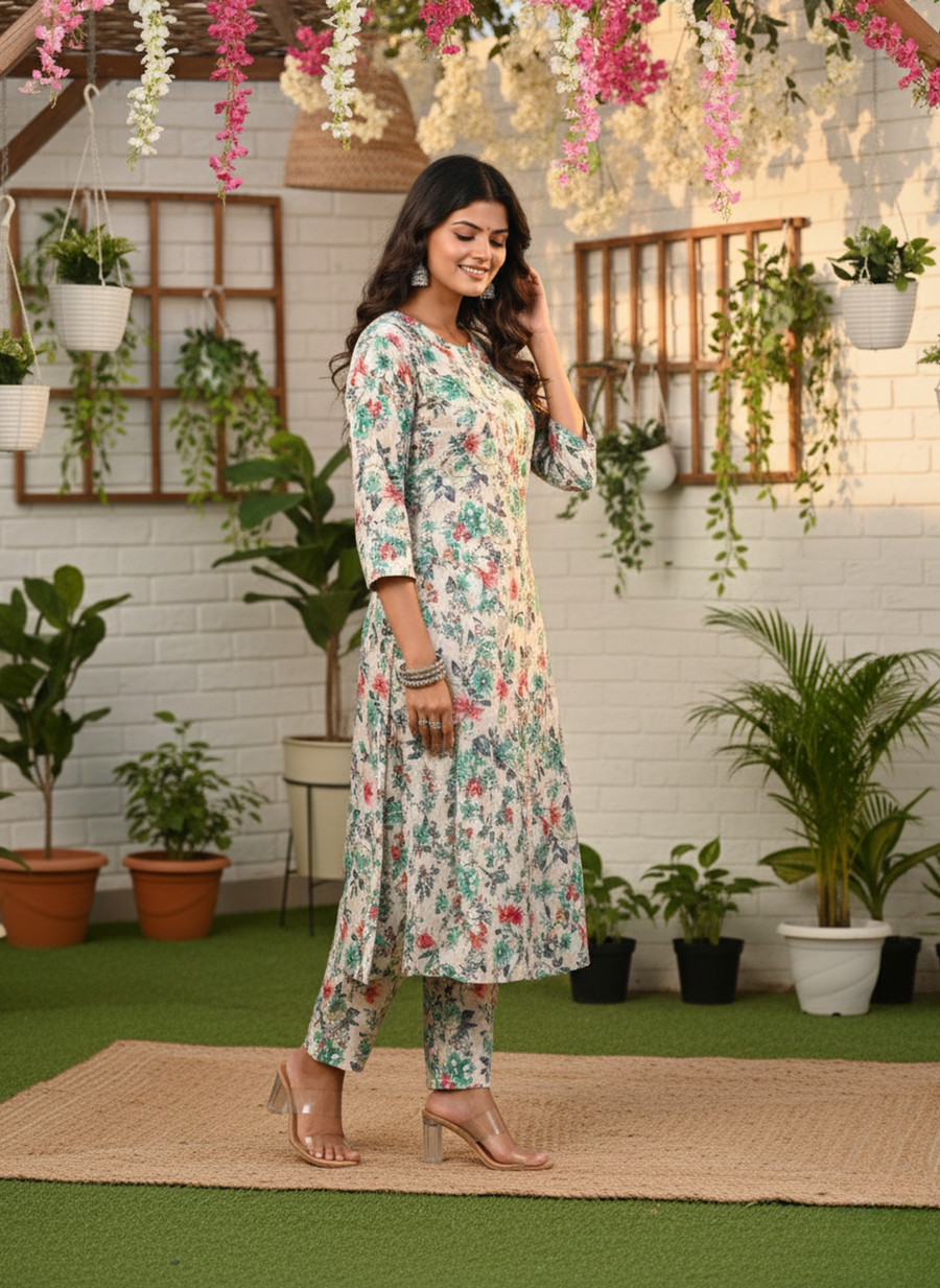 Green Flower Print Kurta Set for Women