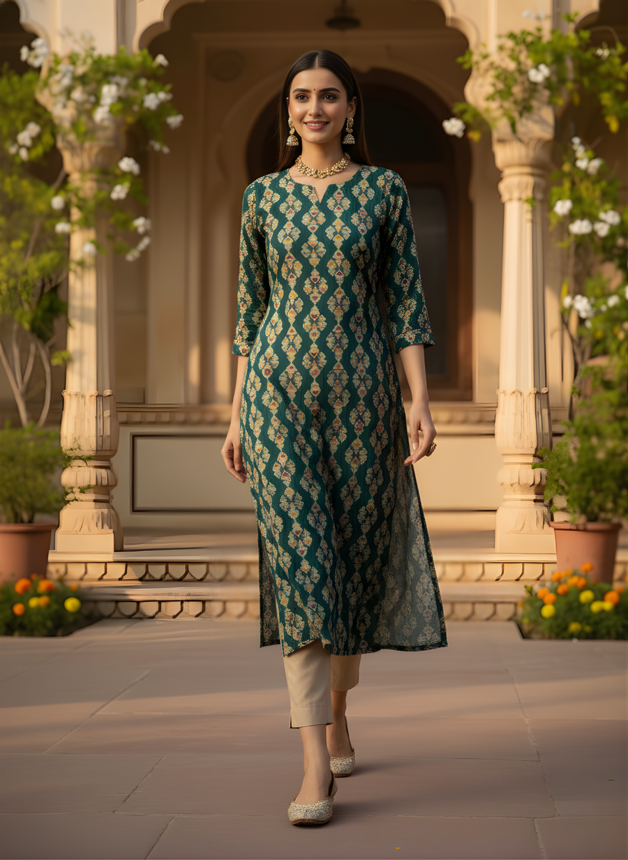 Aaronee Teal Green Pure Modal Chanderi Ethnic Printed Long Kurti for Women | Elegant Festive & Office Wear
