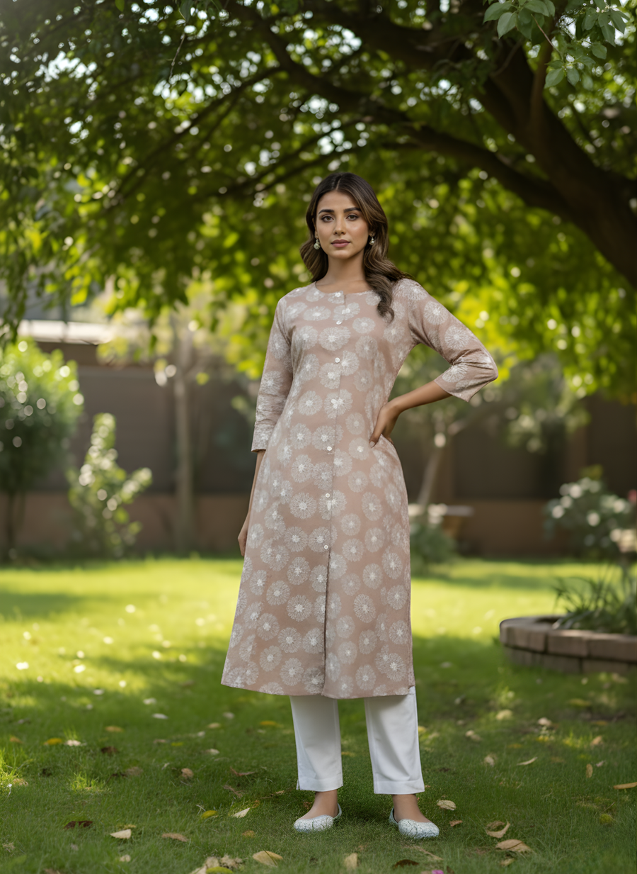 Elegant Peach Floral Printed Cotton Kurta for Women – Pure Cotton Comfort by Aaronee