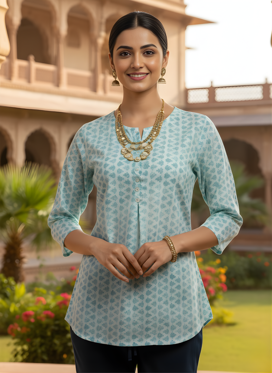 Aaronee Pure Cotton Sky Blue Printed Top for Women – Elegant Daily Wear