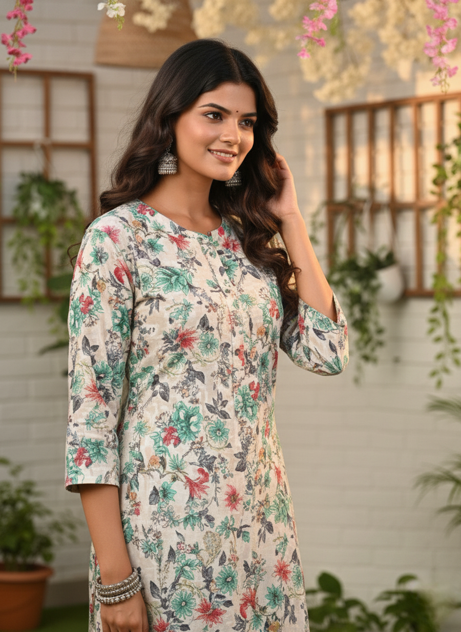 Green Flower Print Kurta Set for Women