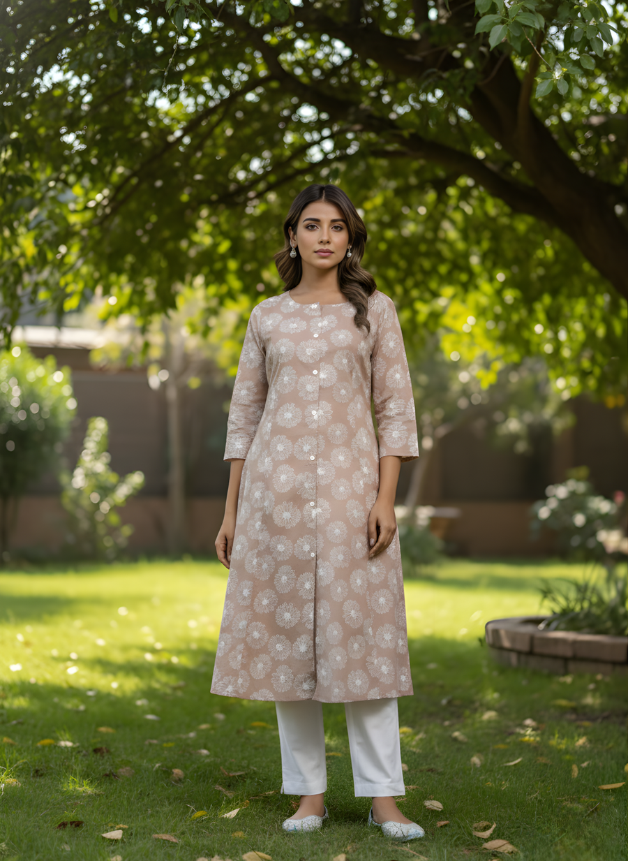 Elegant Peach Floral Printed Cotton Kurta for Women – Pure Cotton Comfort by Aaronee