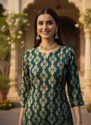 Aaronee Teal Green Pure Modal Chanderi Ethnic Printed Long Kurti for Women | Elegant Festive & Office Wear