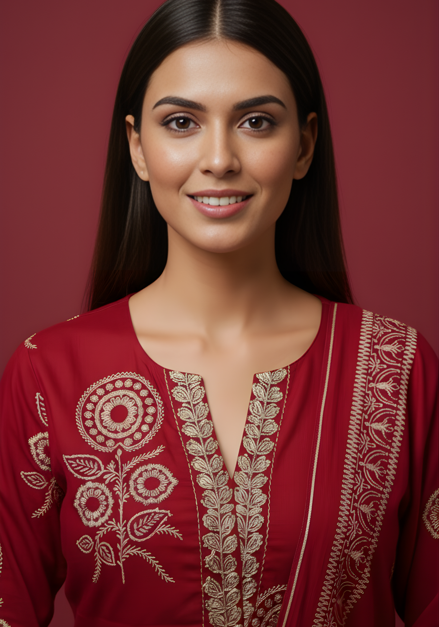 Maroon Embroidered Pure Cotton Kurta DSet for Women – Aaroneeupatta
