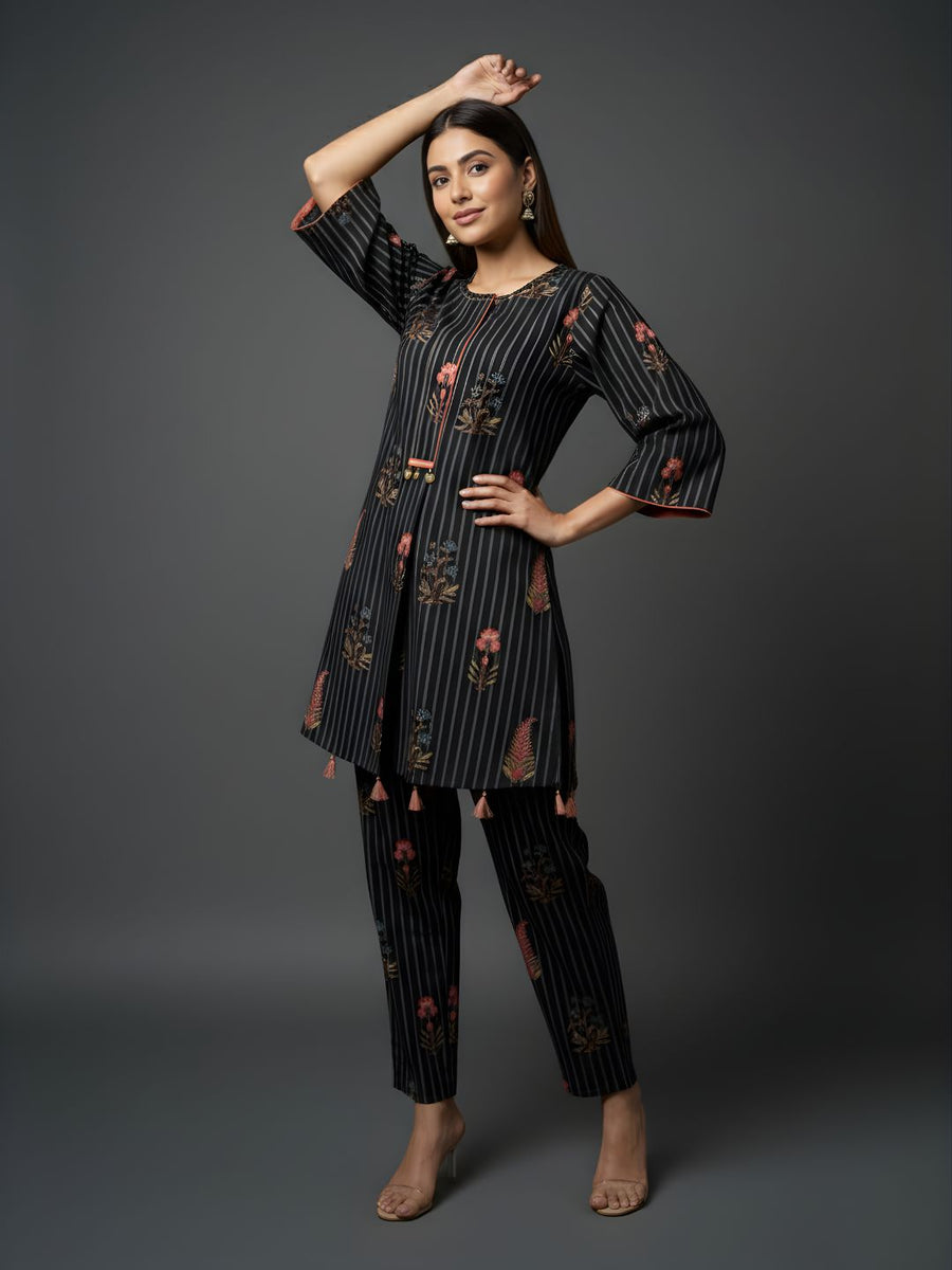 Aaronee Black Floral Striped Pure Cotton Kurta Pant Set for Women