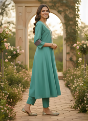 Teal Green Roman Silk Kurta Set – Elegant Festive Wear with Embroidered Detail by Aaronee