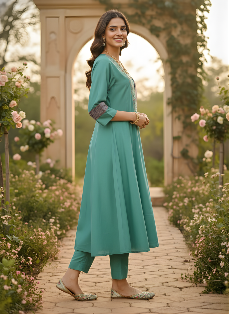 Teal Green Roman Silk Kurta Set – Elegant Festive Wear with Embroidered Detail by Aaronee