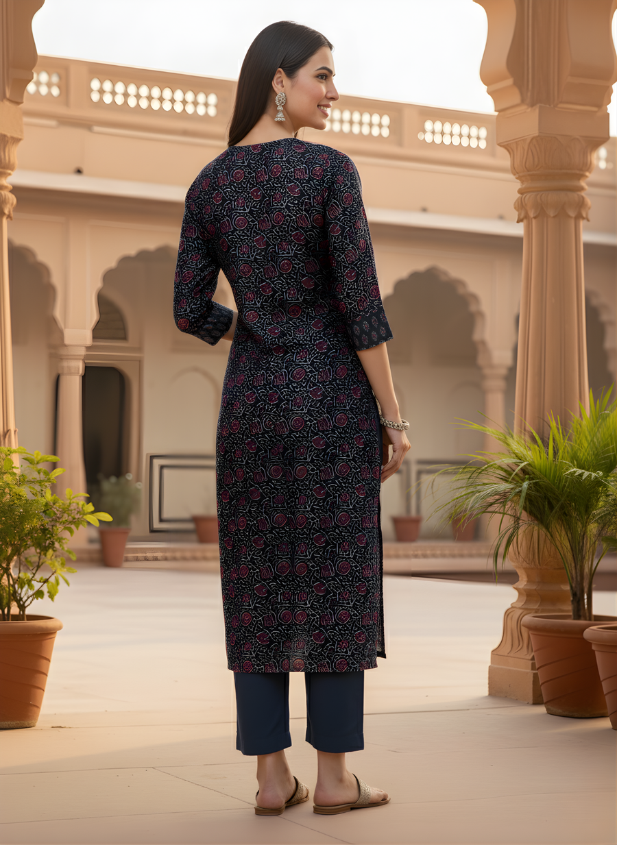 Aaronee Pure Cotton Printed Kurta for Women – Navy Blue Ethnic Daily Wear Ensemble