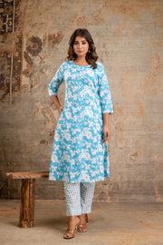3/4 sleeve blue kurti in pure cotton