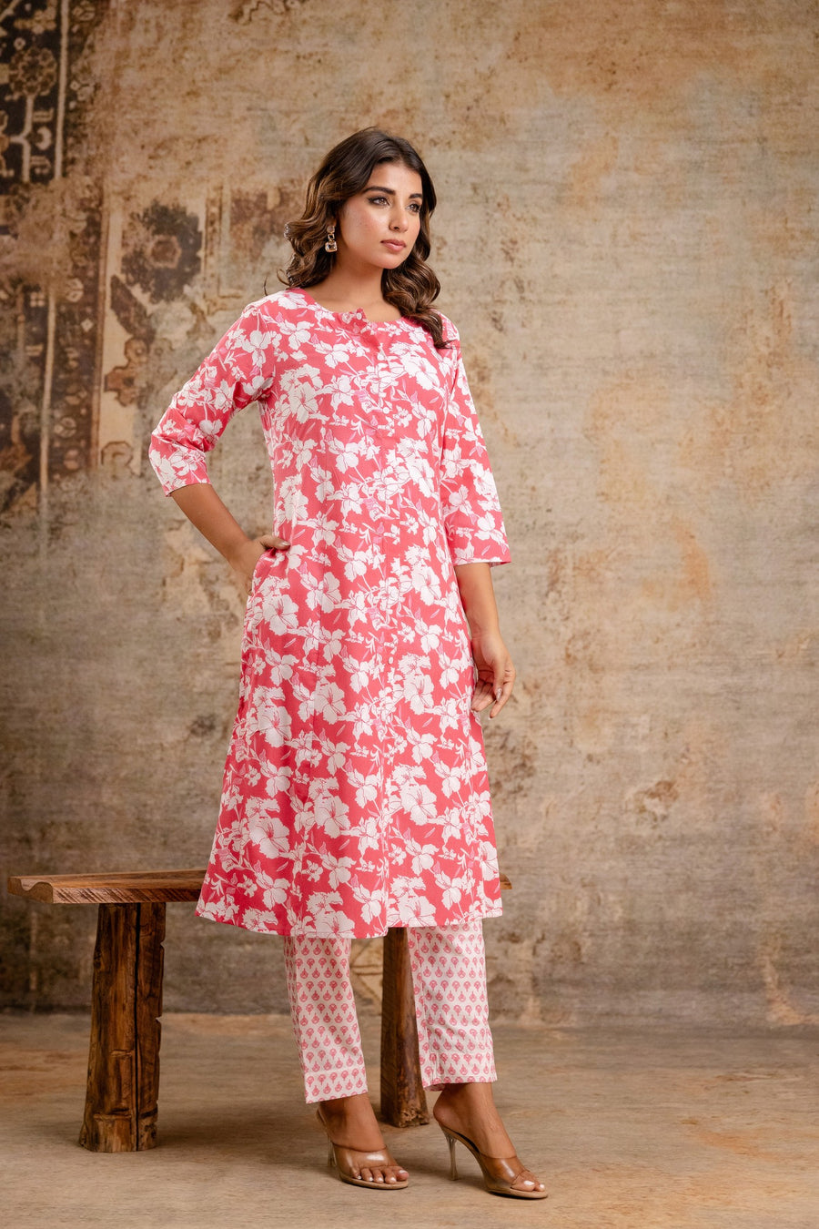3/4th sleeve A-line kurta with printed bottom