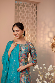 Teal Bliss floral Kurta Set for women with Dupatta