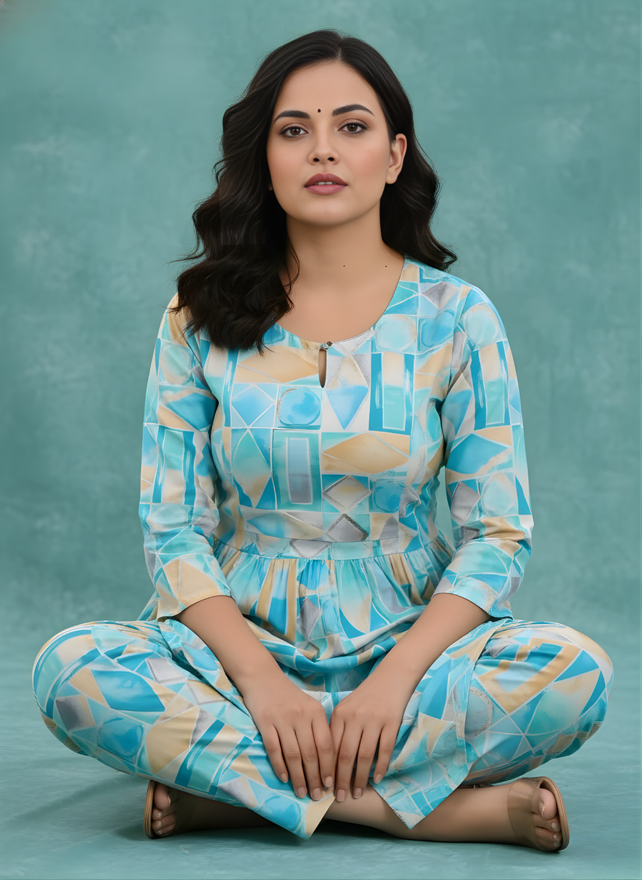 Woman wearing a blue and beige patterned outfit sitting on a teal background
