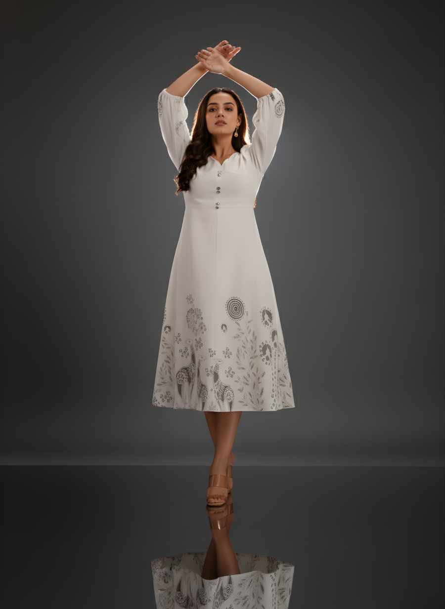 Comfortable grey cotton ethnic midi dress