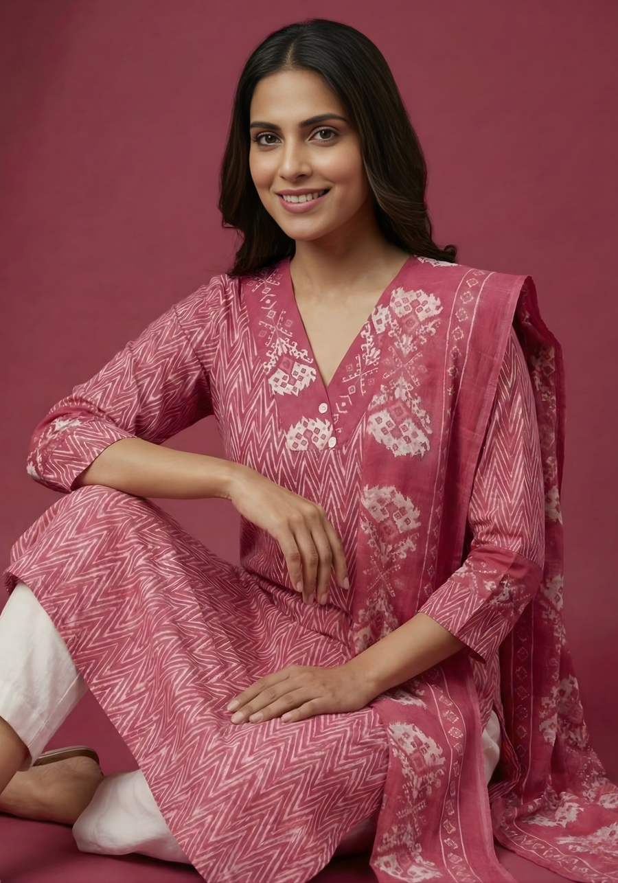 Women wearing Aaronee pink cotton kurti with dupatta
