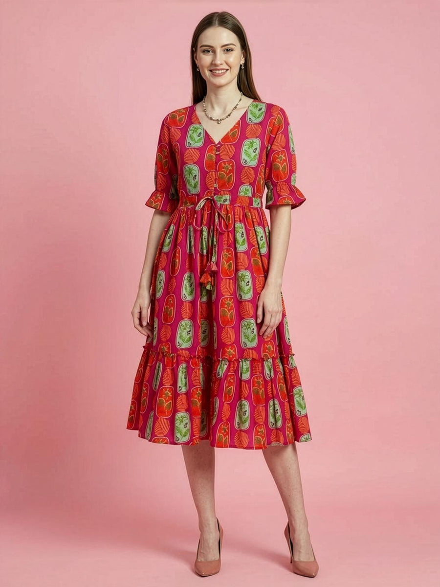 Aaronee orange pink printed cotton midi dress for women