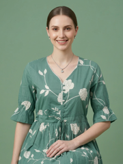 Elegant  green casual cotton dress for women