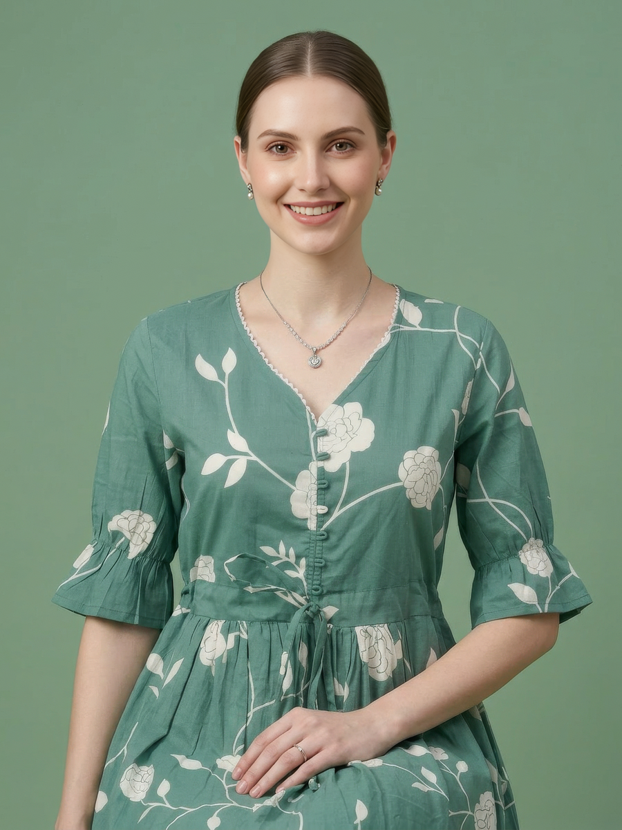 Elegant  green casual cotton dress for women