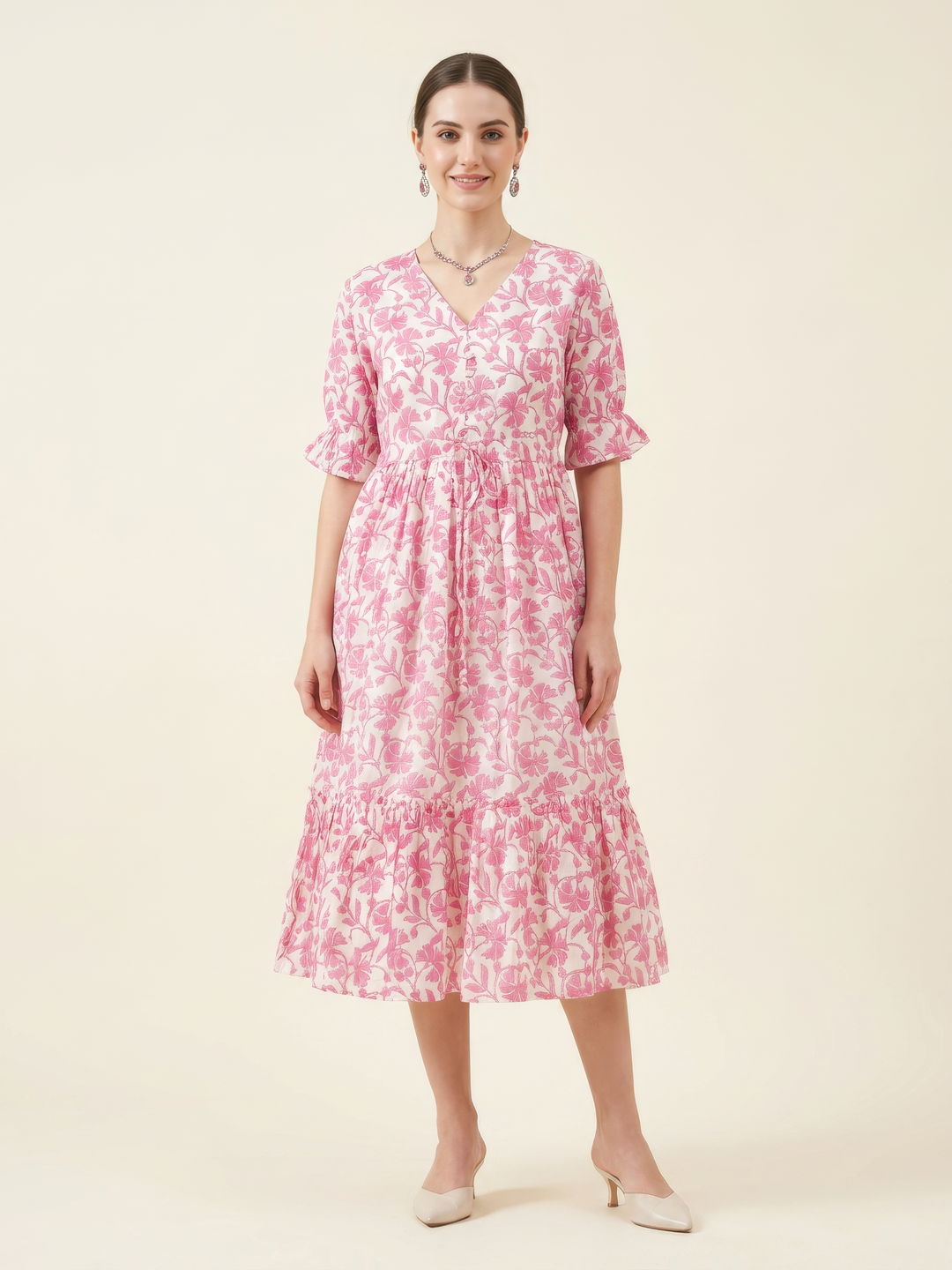 Aaronee light pink printed premium cotton midi dress for women