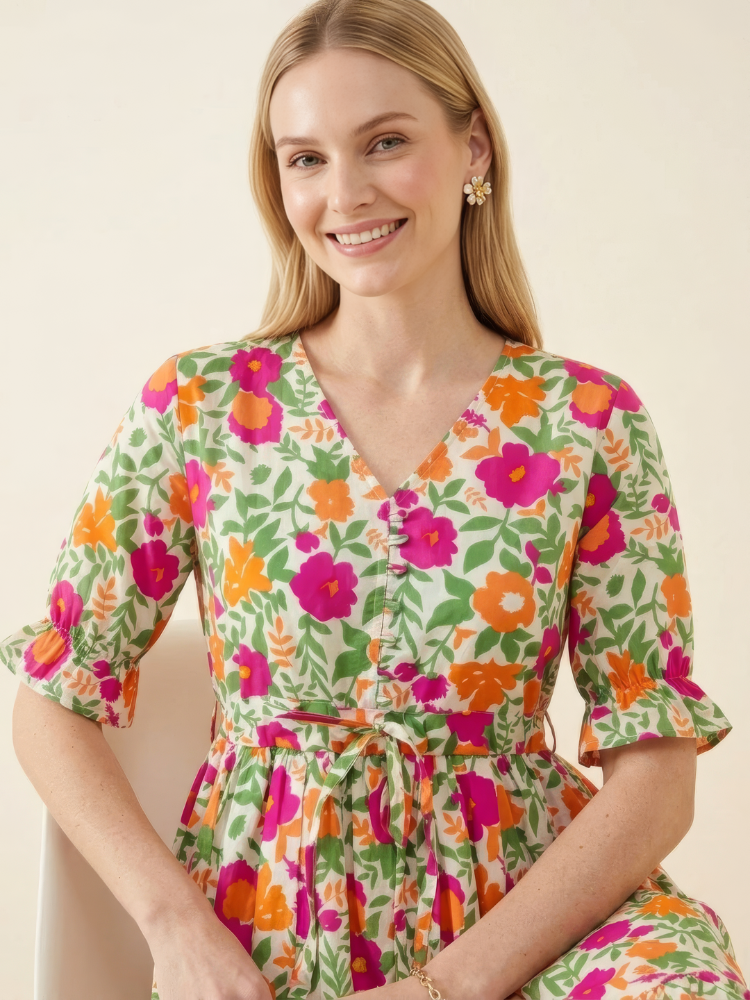 V-neck floral cotton midi dress with drawstring waist