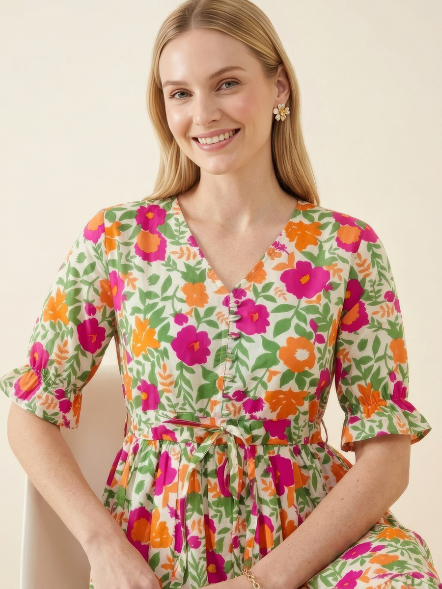 V-neck floral cotton midi dress with drawstring waist