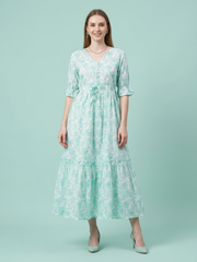 Casual light green printed cotton dress for women