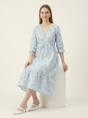 Women's light blue cotton dress with floral vine print