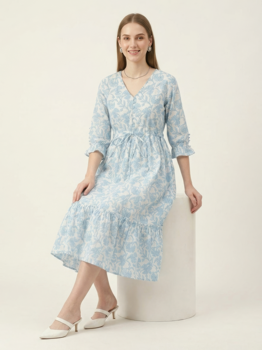 Women's light blue cotton dress with floral vine print