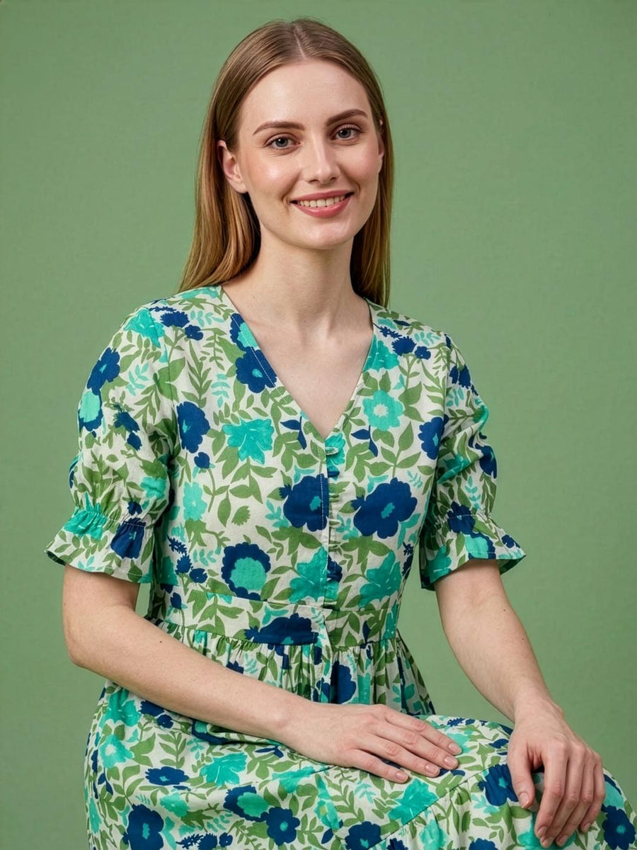 Half sleeve floral cotton midi dress for women