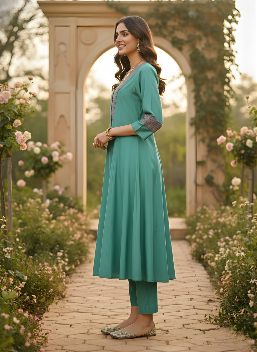 Teal Green Roman Silk Kurta Set – Elegant Festive Wear with Embroidered Detail by Aaronee